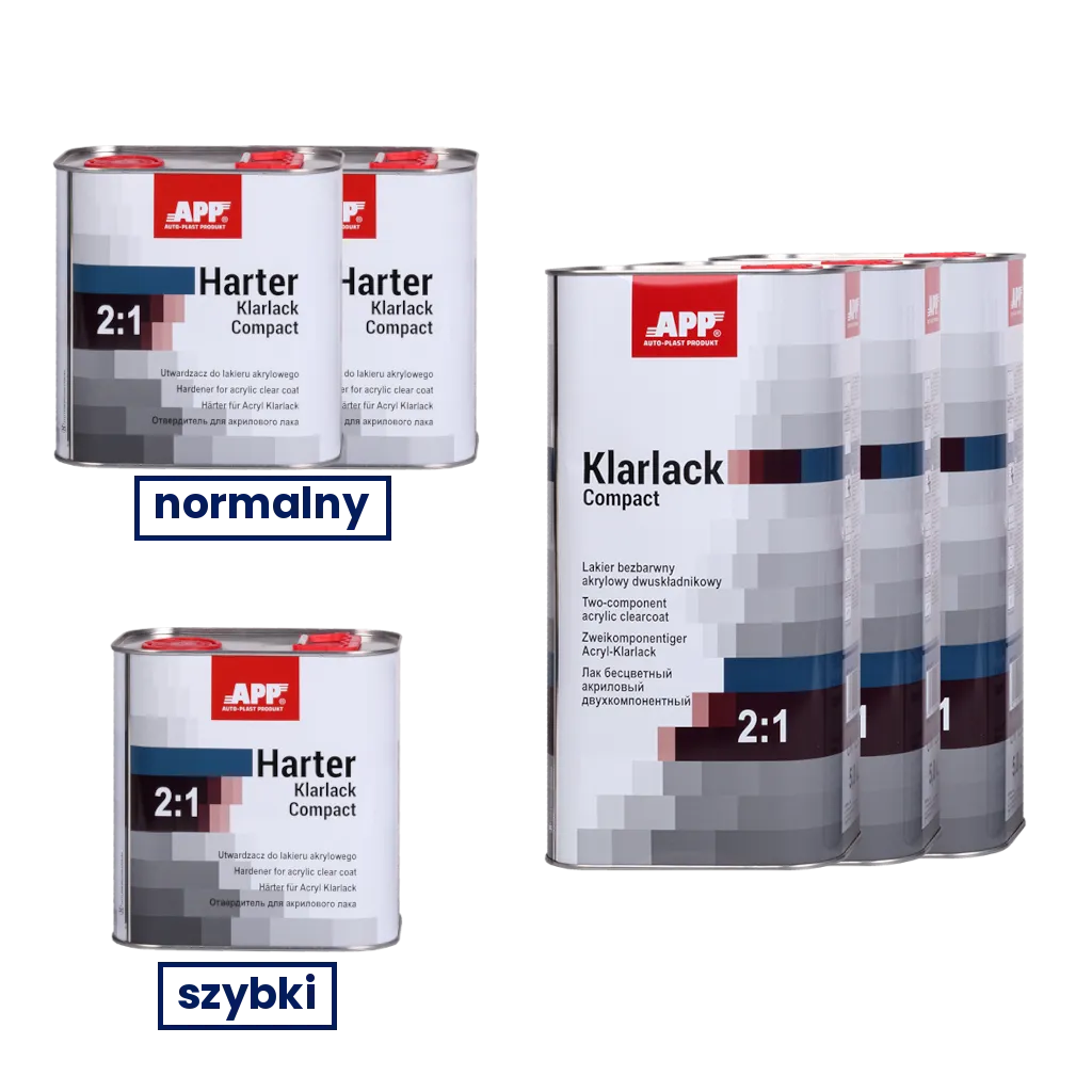 Zestaw lakier bezbarwny z utwardzaczem APP Klarlack Compact 2:1 | lakier (3 x 5 L) + utwardzacz normalny (2 x 2,5 L) + utwardzacz szybki (1 x 2,5 L)