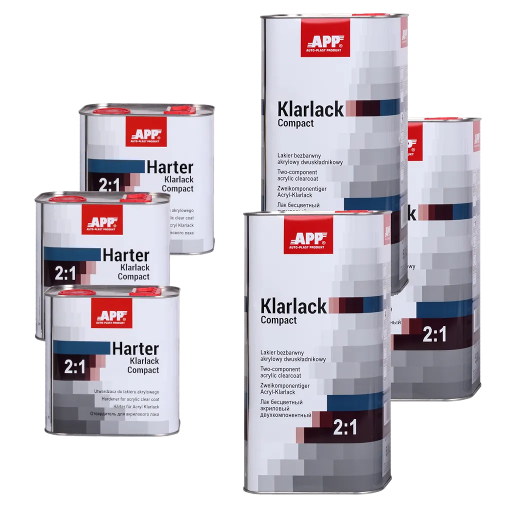 Zestaw lakier bezbarwny z utwardzaczem APP Klarlack Compact 2:1 | lakier (3 x 5 L) + utwardzacz normalny (3 x 2,5 L)
