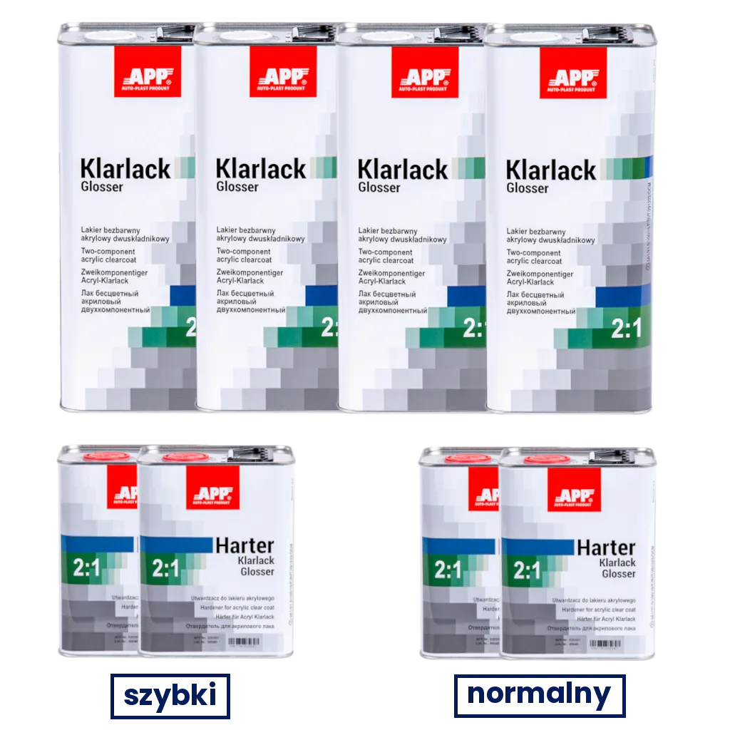 Zestaw lakier bezbarwny z utwardzaczem APP Klarlack Glosser 2:1 | lakier (4 x 5 L) + utwardzacz szybki (2 x 2,5 L) + utwardzacz normalny (2 x 2,5 L)