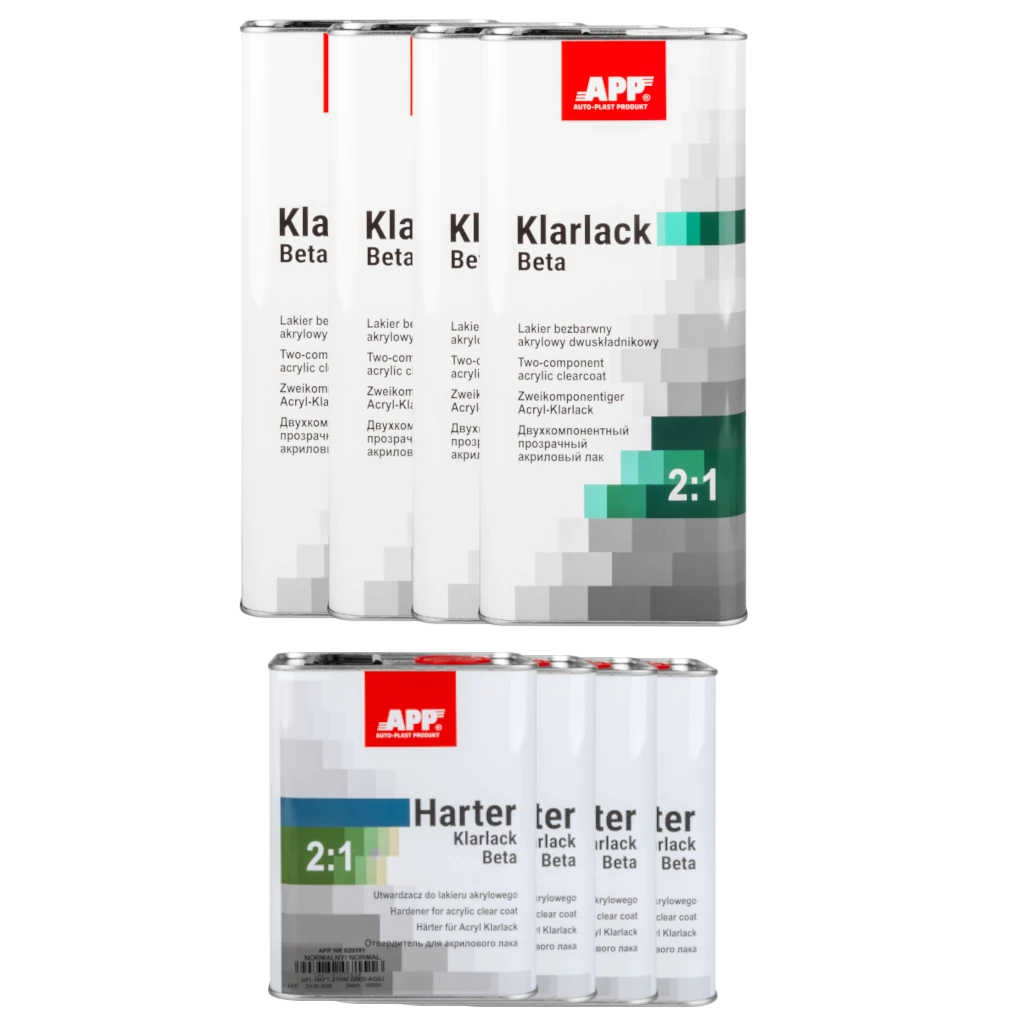 Zestaw lakier bezbarwny z utwardzaczem APP Klarlack Beta 2:1 | lakier (4 x 5 L) + utwardzacz normalny (4 x 2,5 L)