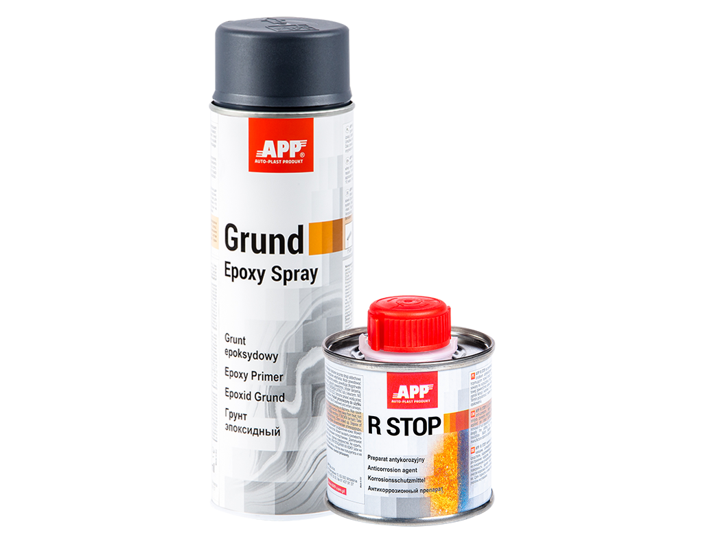 Zestaw antykorozyjny APP na rdzę R-STOP i GRUND Epoxy Spray | 100ml + 500ml ciemnoszary