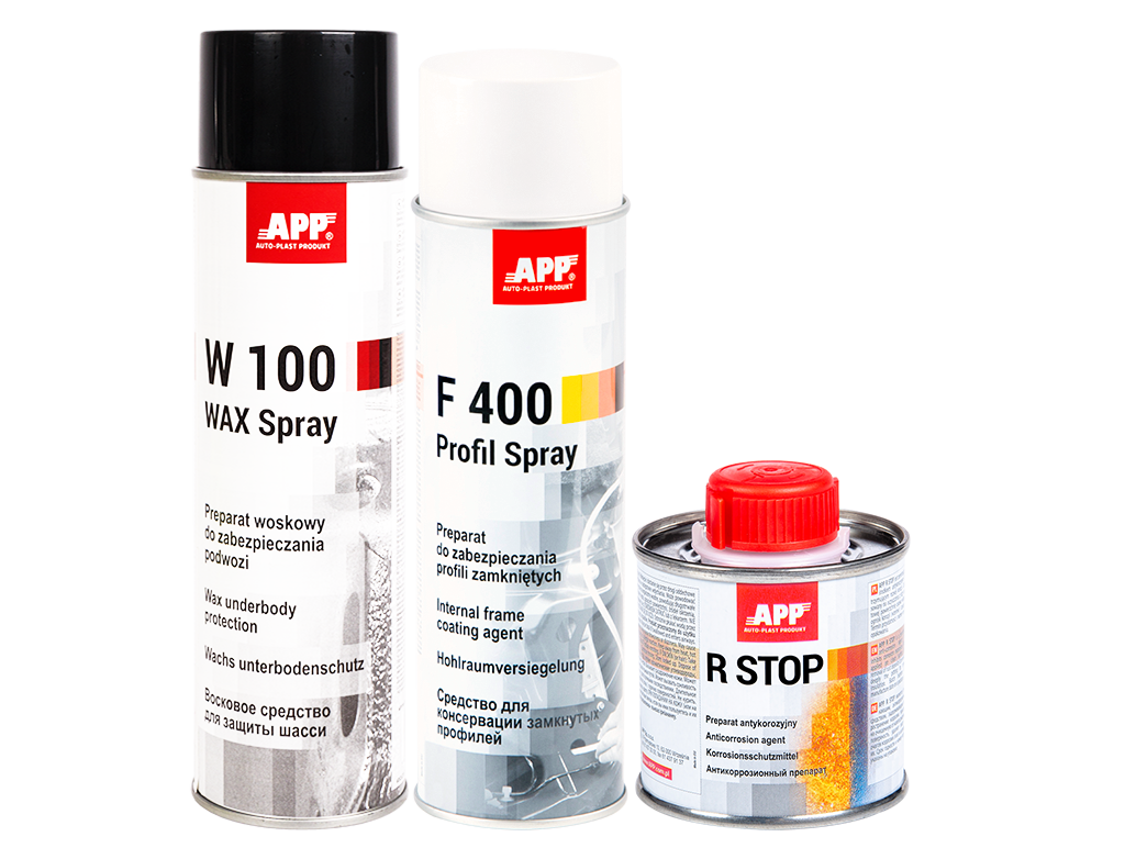 Zestaw antykorozyjny z woskowymi preparatami do konserwacji APP | R-STOP 100ml | F400 przezroczysty 500ml | W100 WAX 500ml