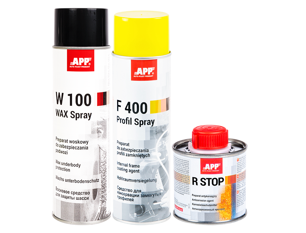 Zestaw antykorozyjny z woskowymi preparatami do konserwacji APP | R-STOP 100ml | F400 bursztynowy 500ml | W100 WAX 500ml