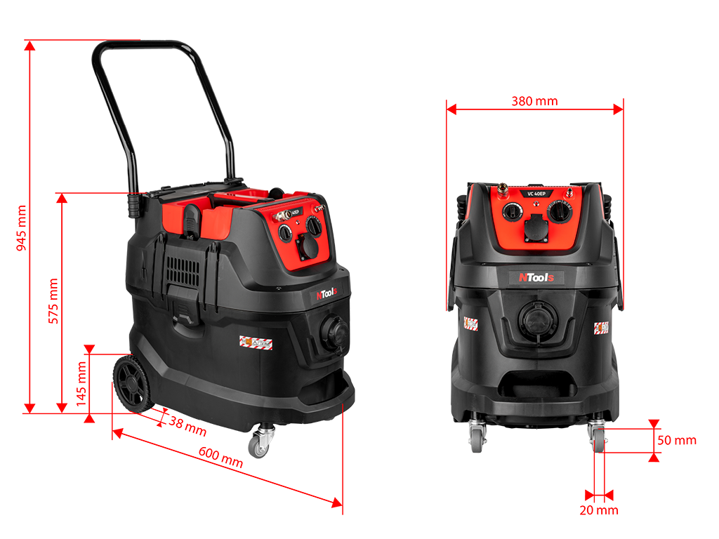 NTools VC 40EP - Odsysacz pyłów z automatem włączeniowym elektryczno-pneumatycznym | 1600W | wąż 2w1 5m | 40L