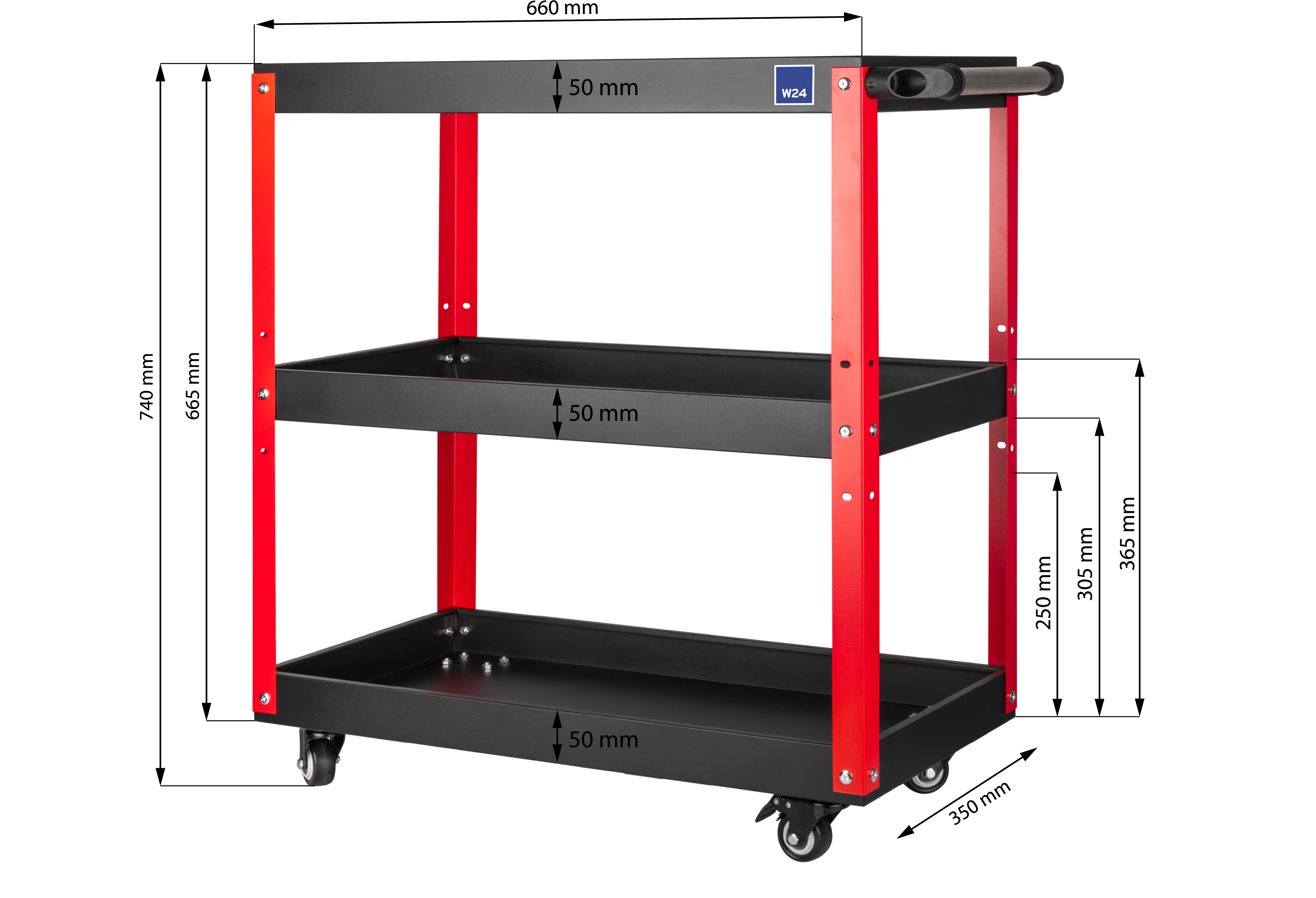Mobilny wózek warsztatowy na narzędzia z trzema półkami W24 TWR | 660x350x740 mm | do 100 kg | czarny