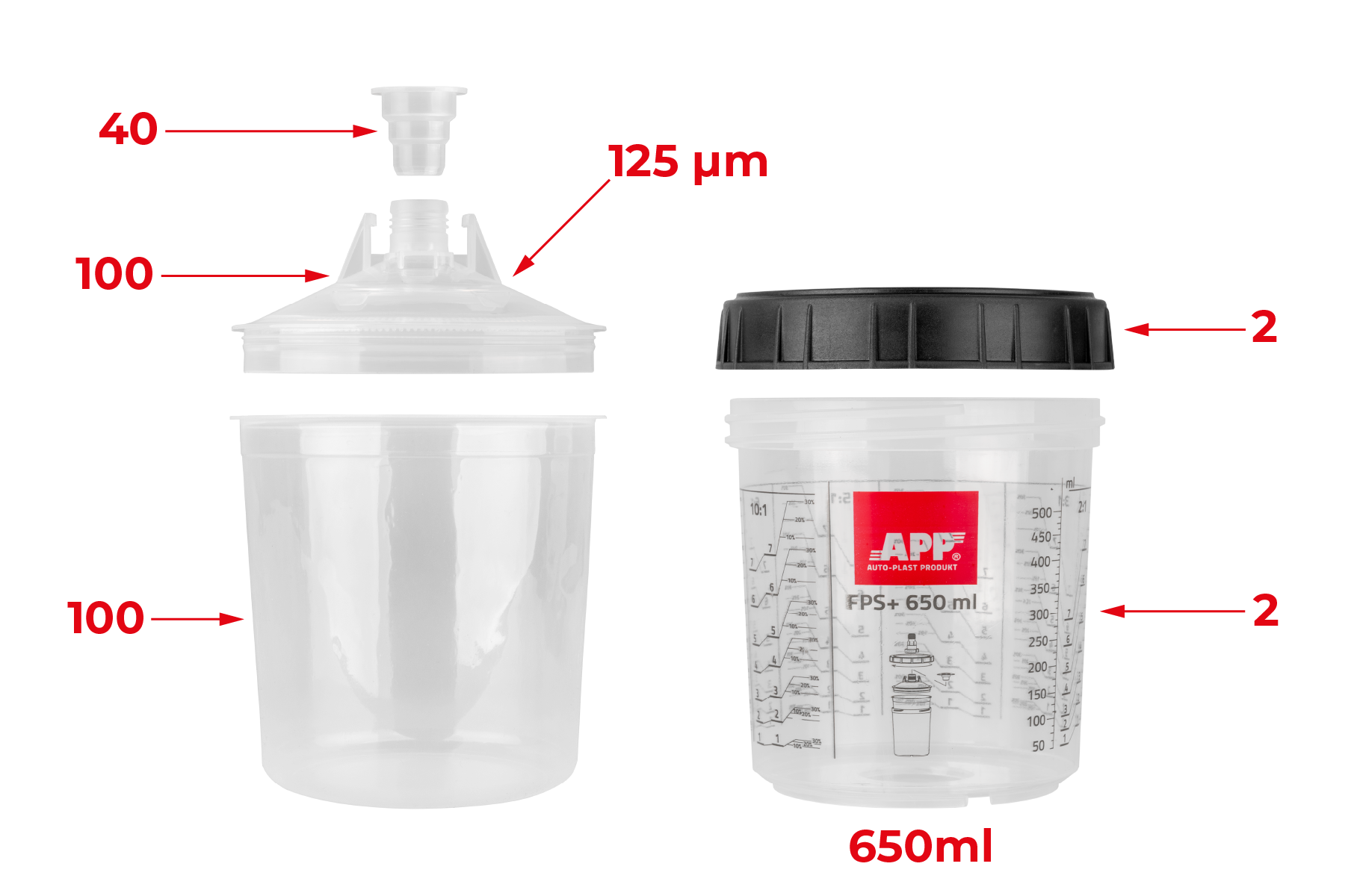 APP FPS Fast Preparation System SET - Zestaw kubków miękkich i kubków twardych z podziałką | 125 mikronów | 650 ml | op (100szt)