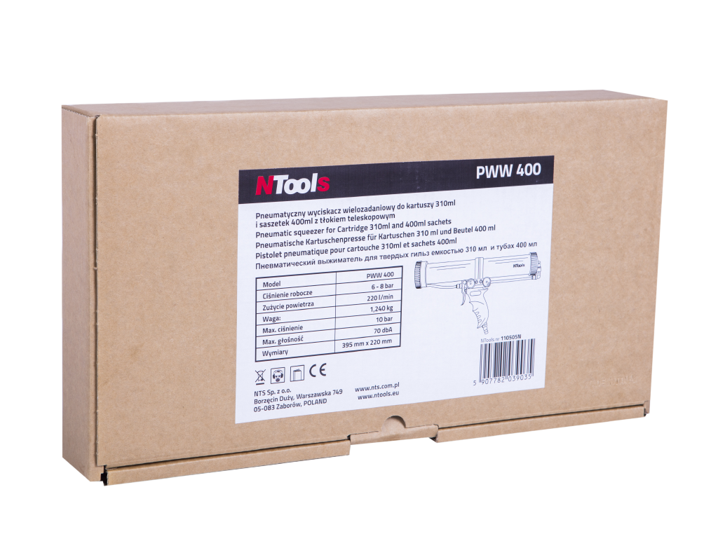 NTools PWW 400 - Pneumatyczny wyciskacz wielozadaniowy z tłokiem teleskopowym do kartuszy 290 ml i 310 ml oraz saszetek 400 ml