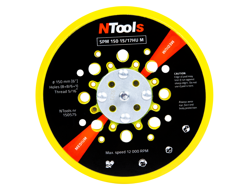 NTools SPM 150 15/17HU M - Tarcza robocza d150/(15/17)h MultiHole do szlifierek NTools ROS 02E/05E, twarda | 14+1 / 16+1 otworów, twarda | 5/16 UNF, rzep | d150 / H10, cienka | 