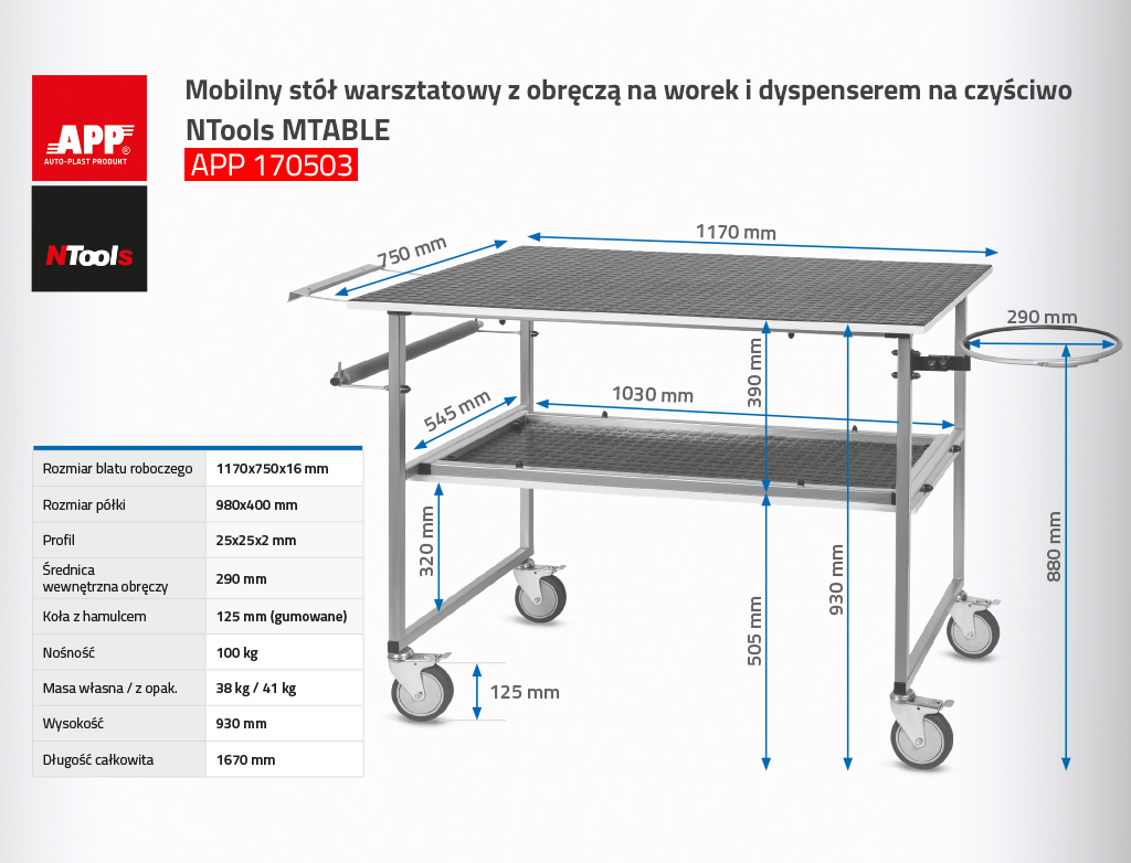 NTools MTABLE - Mobilny stół warsztatowy | 1170 x 750 x 930 mm | 38 kg | max. 100 kg