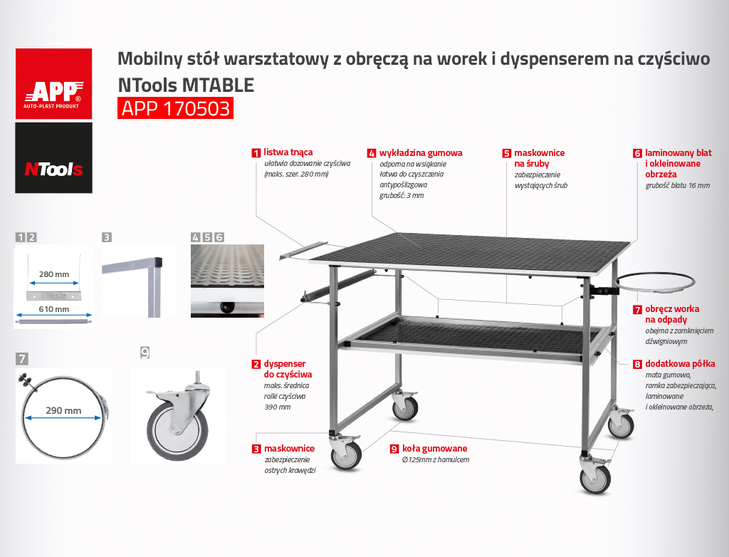 NTools MTABLE - Mobilny stół warsztatowy | 1170 x 750 x 930 mm | 38 kg | max. 100 kg