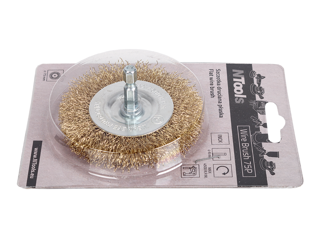 Szczotka druciana płaska na wiertarkę NTools 75P | trzpień hex 1/4 | d75