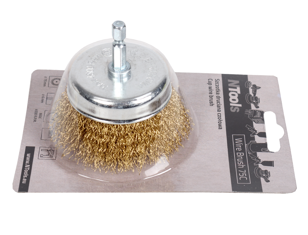 Szczotka druciana czołowa na wiertarkę NTools 75C | trzpień hex 1/4 | d75